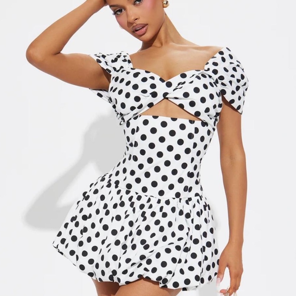 Fashion Nova White & Black Polka Dot Mini Dress